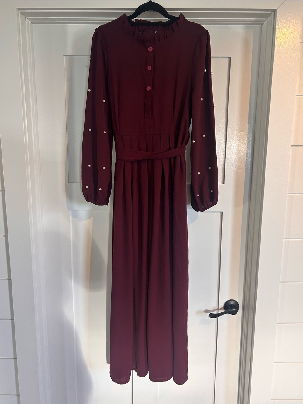 Pearl-Accent Burgundy Maxi Dress with Tie Waist